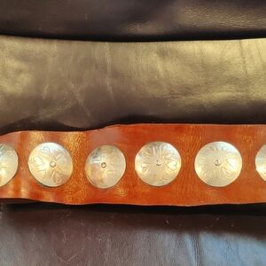 Brown Leather Belt with Silver Concho Oversized Western boho